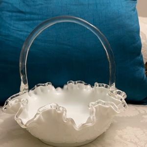 Vintage Fenton ruffle edge milk glass basket